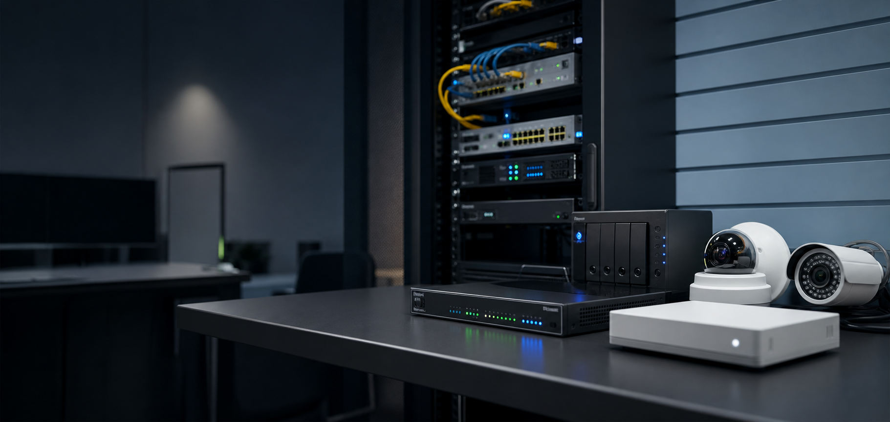 Business IT equipment with network rack, security camera gear, and backup storage